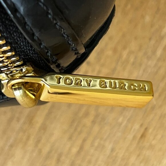 TORY BURCH PATENT LEATHER COSMETIC CASE MAKE UP BAG Women’s Black Gold Zipper - Picture 4 of 6